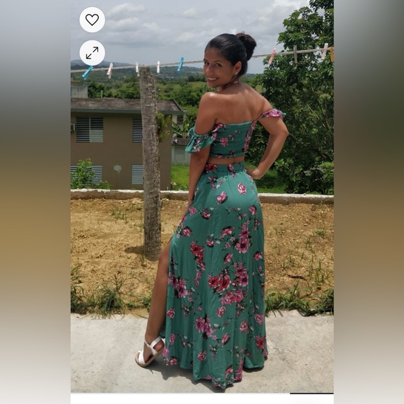 Lulus green pink floral off shoulder crop top skirt two 2 maxi set two piece - Picture 2 of 11